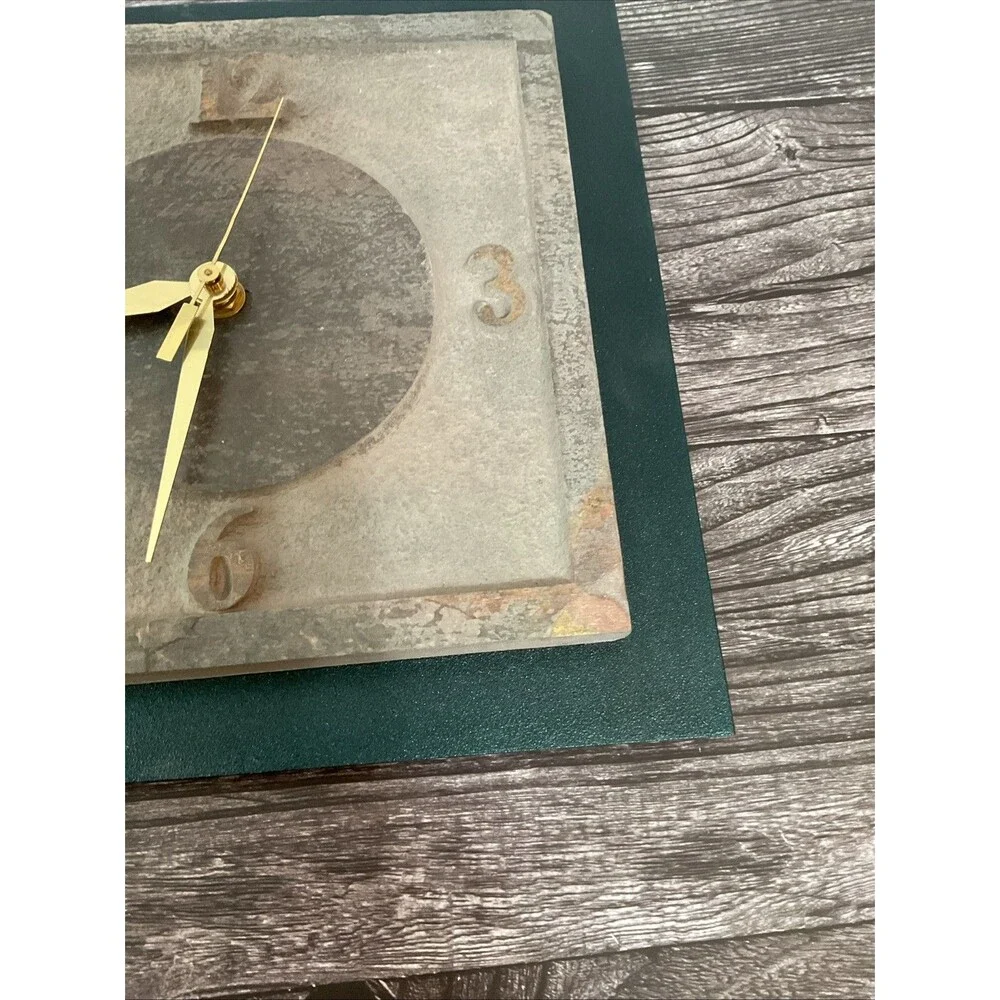 Rustic Slate,metal Clock W/ Green Border, Brownish Face,gold Brass Clock Hands